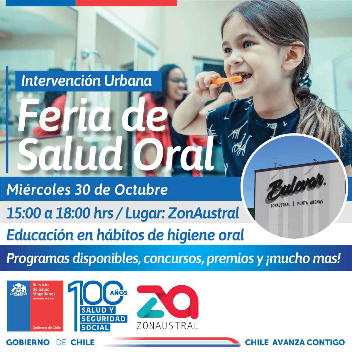 🔴Atención #Puq mañana a contar de las 15.00 horas, te esperamos en sector #Bulevar de <a href="/Zonaustralzf_/">Zonaustralzf</a>  para cerrar junto a la familia magallánica el #MesDeLaSaludBucal. No faltes!!! tendremos entretenidas sorpresas y juegos. Recuerda que una sonrisa hermosa es una sonrisa sana.