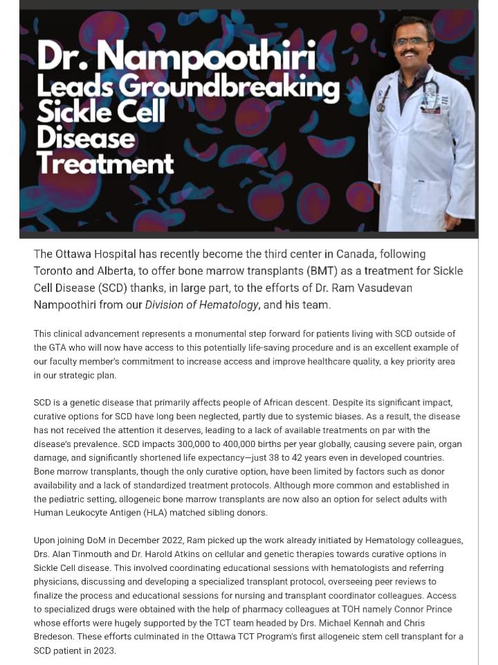 TCT_TOH's tweet photo. Great to see DOM at @OttawaHospital @uOttawa recognizing our Sickle Cell transplant program and upcoming gene therapy program. Curative therapies for sickle cell disease is the future!!! Congrats @iamramvn!!! https://t.co/iq2ZEUdGGH