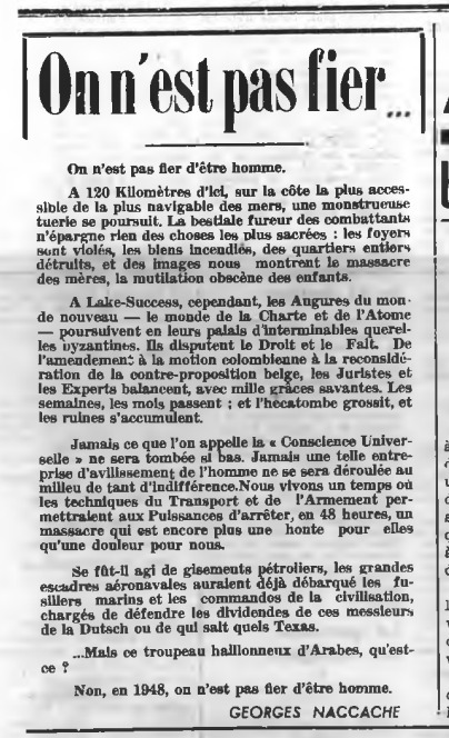 Édito du fondateur de L'Orient, Georges Naccache, ô combien actuel, 76 ans plus tard. "En 1948, on n'est pas fier d'être Homme"...