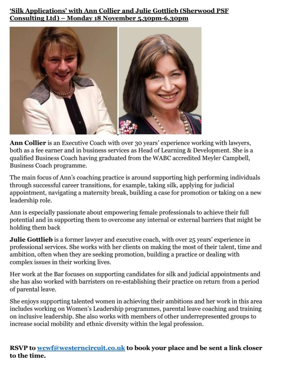 Western Circuit Women's Forum (@wcwf_) on Twitter photo UP NEXT! Final talk in our Empowerment Series: "Silk Applications" with Ann Collier & Julie Gottlieb from Sherwood PSF Consulting Ltd. Mon 18 Nov, 5.30-6.30pm. RSVP wcwf@westerncircuit.co.uk for link 👍 UP NEXT! Final talk in our Empowerment Series: "Silk Applications" with Ann Collier & Julie Gottlieb from Sherwood PSF Consulting Ltd. Mon 18 Nov, 5.30-6.30pm. RSVP wcwf@westerncircuit.co.uk for link 👍