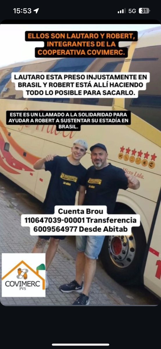 hijadelF's tweet photo. Robert es uno de los amigos de mi papá, Lauti su hijo, el más chico de los detenidos en Brasil. La familia la está pasando horrible y sus allegados también. Quien pueda colaborar, por favor. Lautaro tiene que volver (y todos). Gracias! https://t.co/zyofzxYmkx