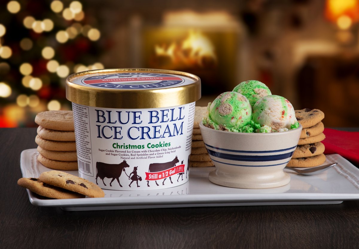 ILoveBlueBell's tweet photo. Your favorite flavor is home for the holidays! Christmas Cookies Ice Cream is now in stores. The flavor combines your favorite holiday cookies – chocolate chip, snickerdoodle and sugar –in a tasty sugar cookie ice cream with red sprinkles and a green icing swirl throughout. https://t.co/89TeKN03eT