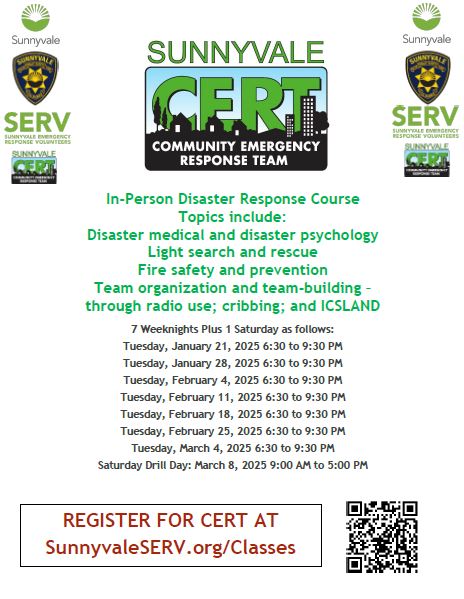 SunnyvaleDPS's tweet photo. On the heels of last weekend’s CERT (Community Emergency Response Team) #64’s graduation celebration, we're already preparing for the next session!
CERT class #65 commences on Tues January 21, 2025. 
Be prepared for an emergency in 2025. Join us!  This valuable training is FREE! https://t.co/S3VqQyC4t7