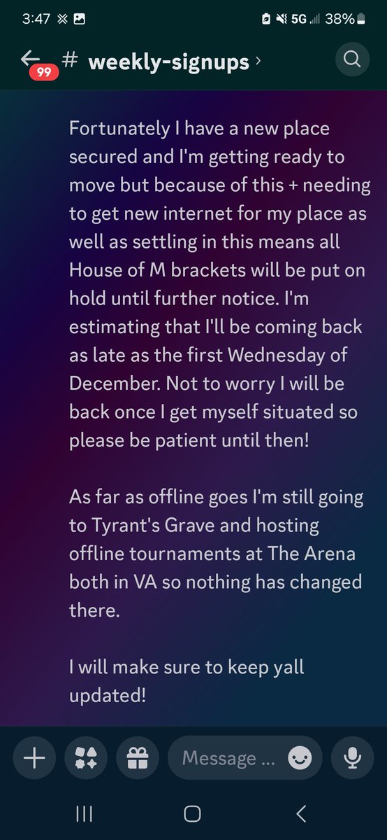 Important announcement regarding the House of M tournaments.

TL;DR due to a sudden move I have to put stuff on hold temporarily but I will return hopefully by December at the latest.