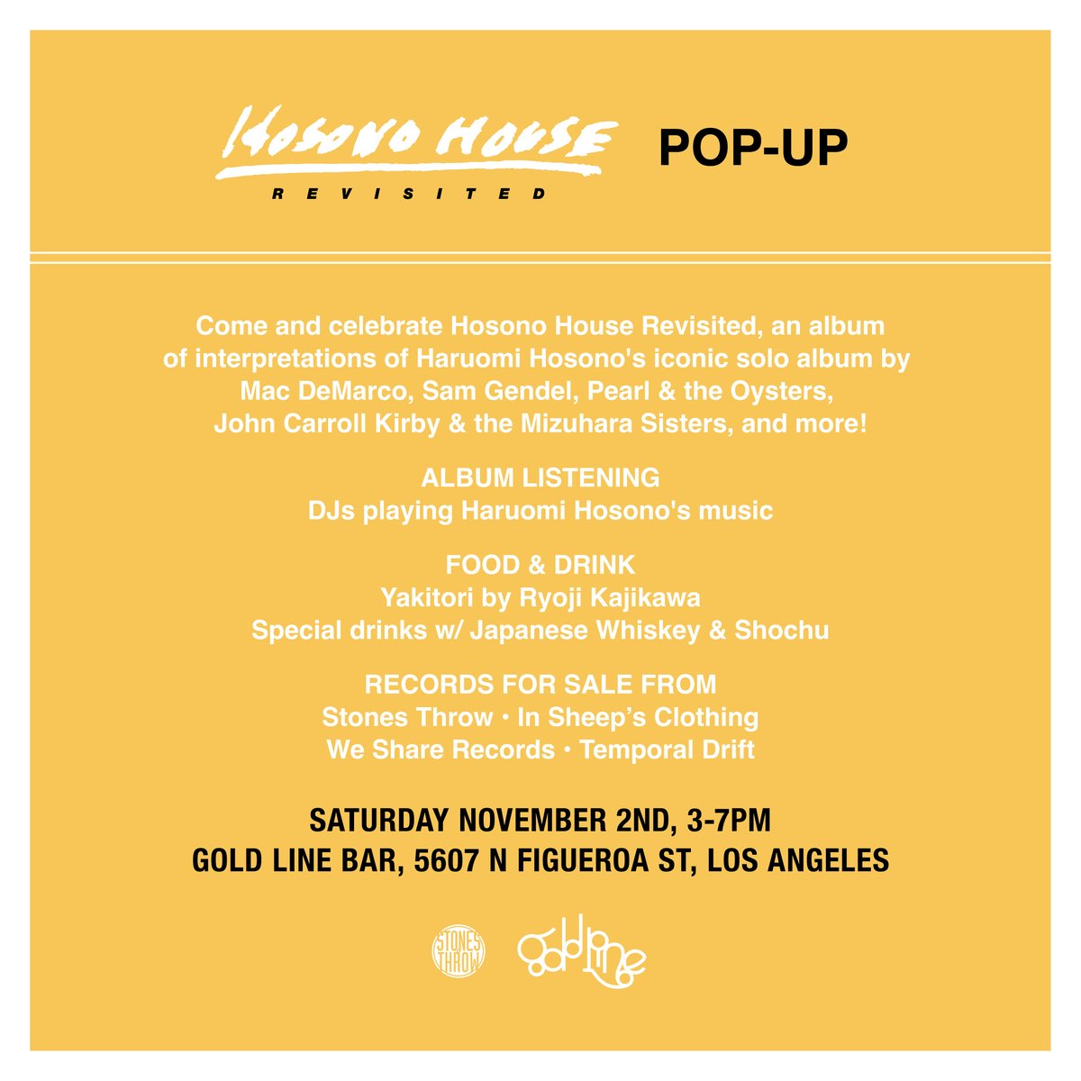 Stones Throw (@stonesthrow) on Twitter photo Los Angeles: Come celebrate <a href="/hosonoharuomi_/">細野晴臣 Haruomi Hosono _information</a>'s 'Hosono House Revisited' with us this Saturday, November 2nd at <a href="/goldlinebar/">goldlinebar</a> from 3-7pm. The record's out this Friday - it features interpretations of Hosono's iconic songs from Mac DeMarco, Pearl & The Oysters, John Carroll Kirby & Los Angeles: Come celebrate <a href="/hosonoharuomi_/">細野晴臣 Haruomi Hosono _information</a>'s 'Hosono House Revisited' with us this Saturday, November 2nd at <a href="/goldlinebar/">goldlinebar</a> from 3-7pm. The record's out this Friday - it features interpretations of Hosono's iconic songs from Mac DeMarco, Pearl & The Oysters, John Carroll Kirby &