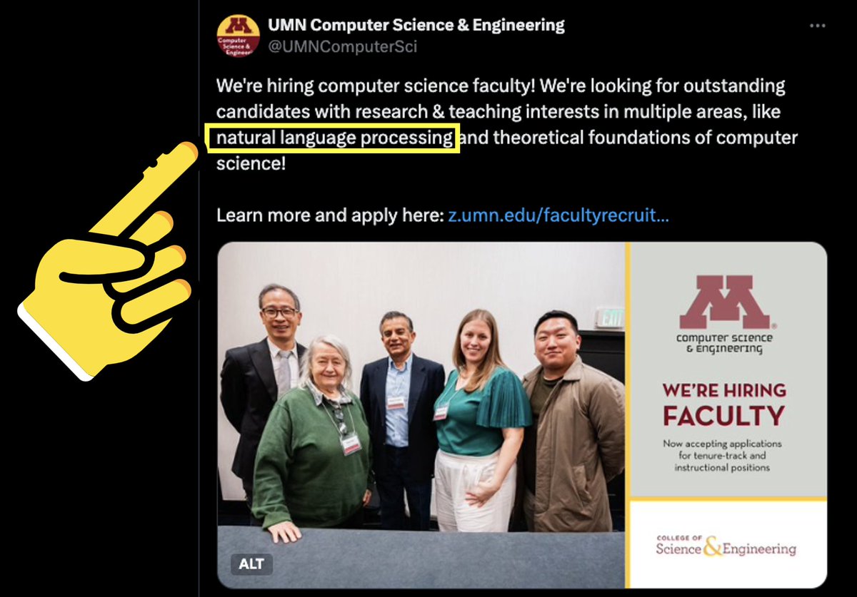 Dongyeop Kang (DK) (@dongyeopkang) on Twitter photo <a href="/UMNComputerSci/">UMN Computer Science & Engineering</a> is recruiting tenure-track faculty focusing on "NLP" this year!! Our NLP presence is yet small, but plans to expand! If you have strong students in your lab, please encourage them to apply or contact me. Please come work with us. Retweets are appreciated. #NLProc <a href="/UMNComputerSci/">UMN Computer Science & Engineering</a> is recruiting tenure-track faculty focusing on "NLP" this year!! Our NLP presence is yet small, but plans to expand! If you have strong students in your lab, please encourage them to apply or contact me. Please come work with us. Retweets are appreciated. #NLProc