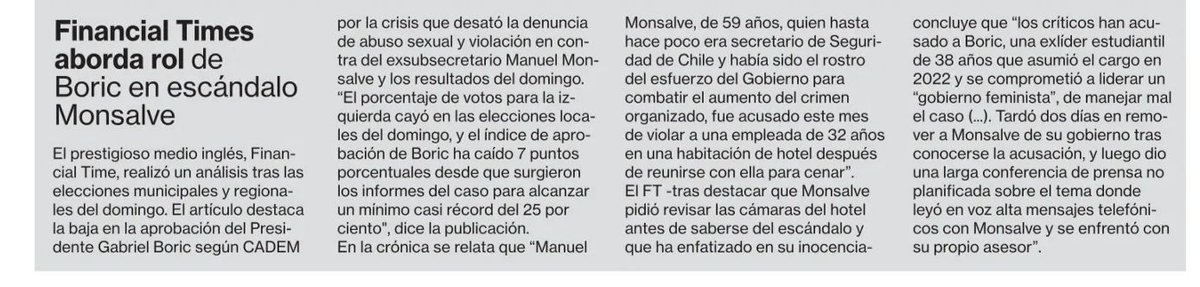 pablolirar's tweet photo. 🚨#FinancialTime aborda rol de @GabrielBoric  en el escándalo Monsalve:"Tardó dos días en remover a @DrManuelMonsalv  de su gobierno tras conocerse la acusación". https://t.co/m2S45KrdvJ
