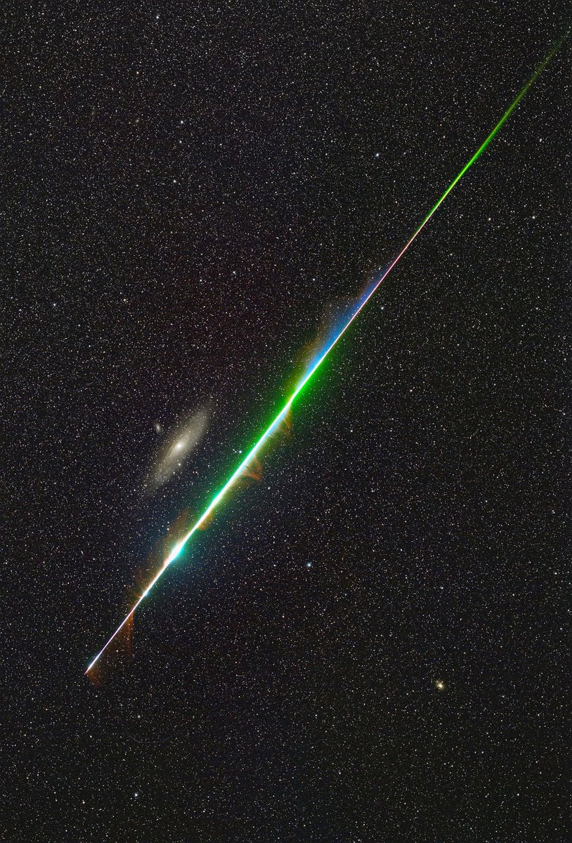 Once-in-a-lifetime-shot. 

A bright meteor burned up in the atmosphere while capturing Andromeda Galaxy. 

📸 Gong Yurui and Liao Guihe