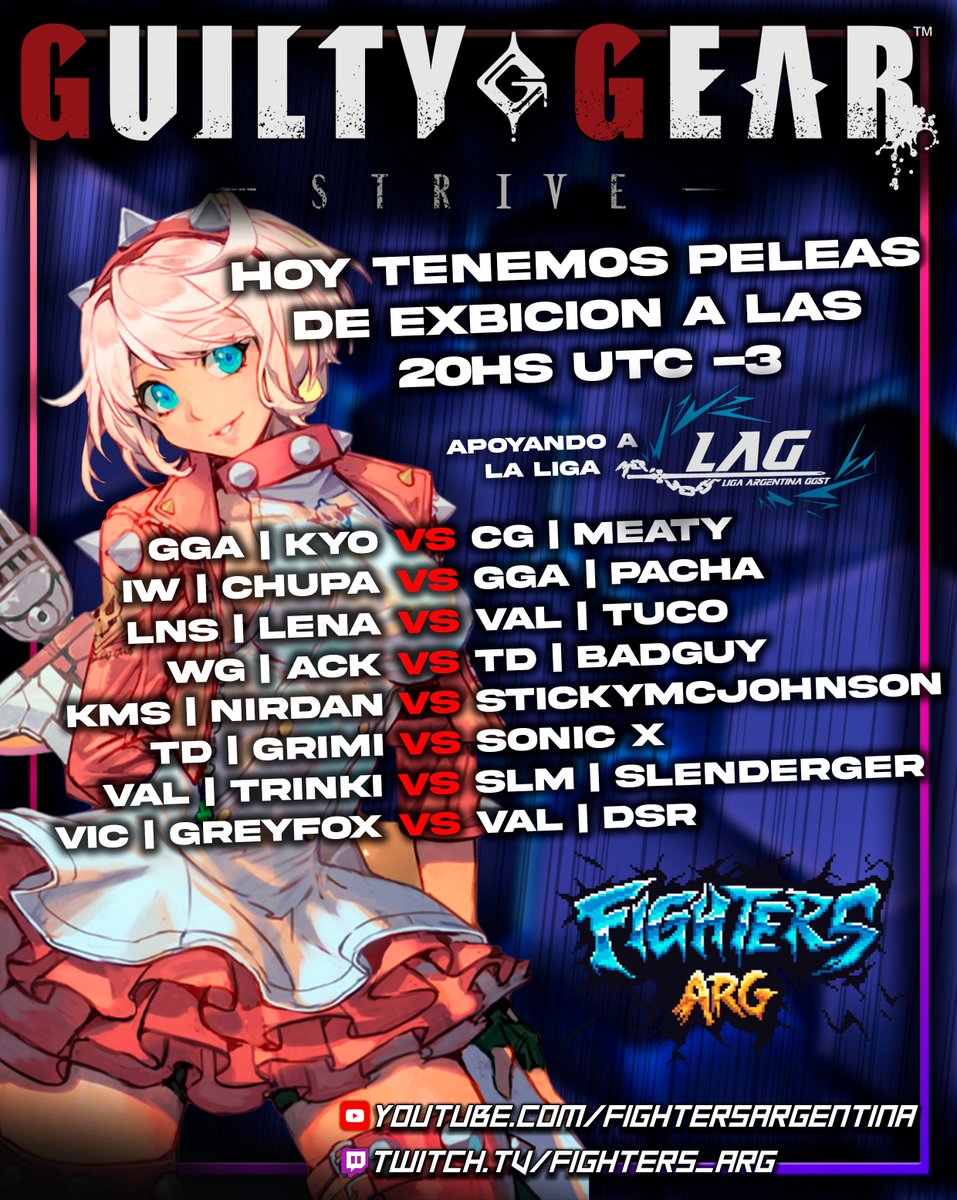 Hoy 20hs UTC -3!🔴

💥GUILTY GEAR STRIVE💥

Después de mucho volvimos con peleas de GG para ayudar a la liga LAG!

twitch.tv/fighters_arg
youtube.com/fightersargent… 

<a href="/ironwill/">Will Barry</a> @guiltygeararg <a href="/changosgaming/">Changos Gaming</a> @sindicatolatinodemasheros <a href="/hosenka/">法専ひさ子</a> @valquiriaesportsarg
