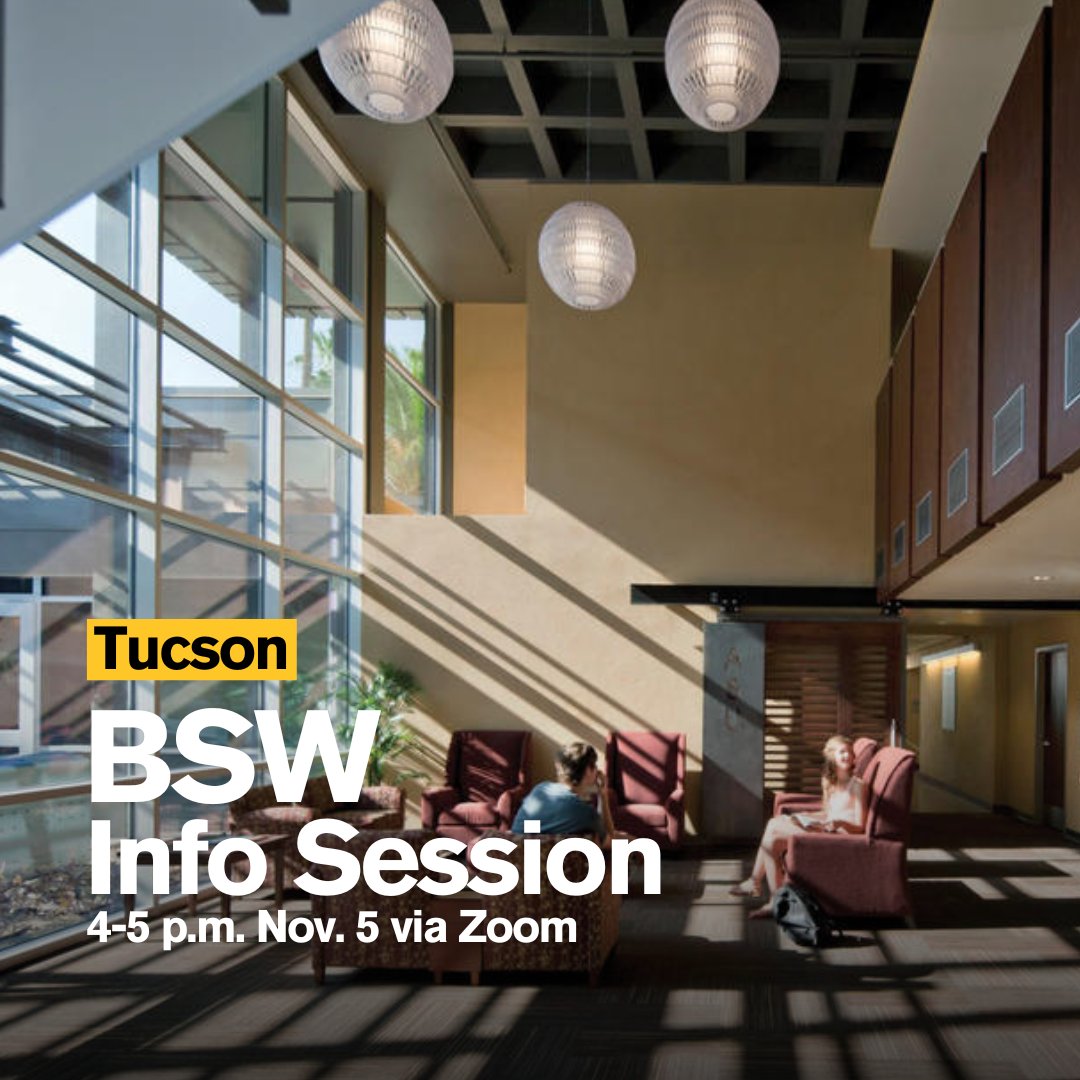 Want to earn a bachelor’s degree in social work? The School of Social Work offers an in-person BSW program at its location in downtown Tucson. Learn more by joining our Tucson BSW information session from 4-5 p.m. on Nov. 5 via Zoom. Sign up at: bit.ly/3XmSpyr #SSW #BSW