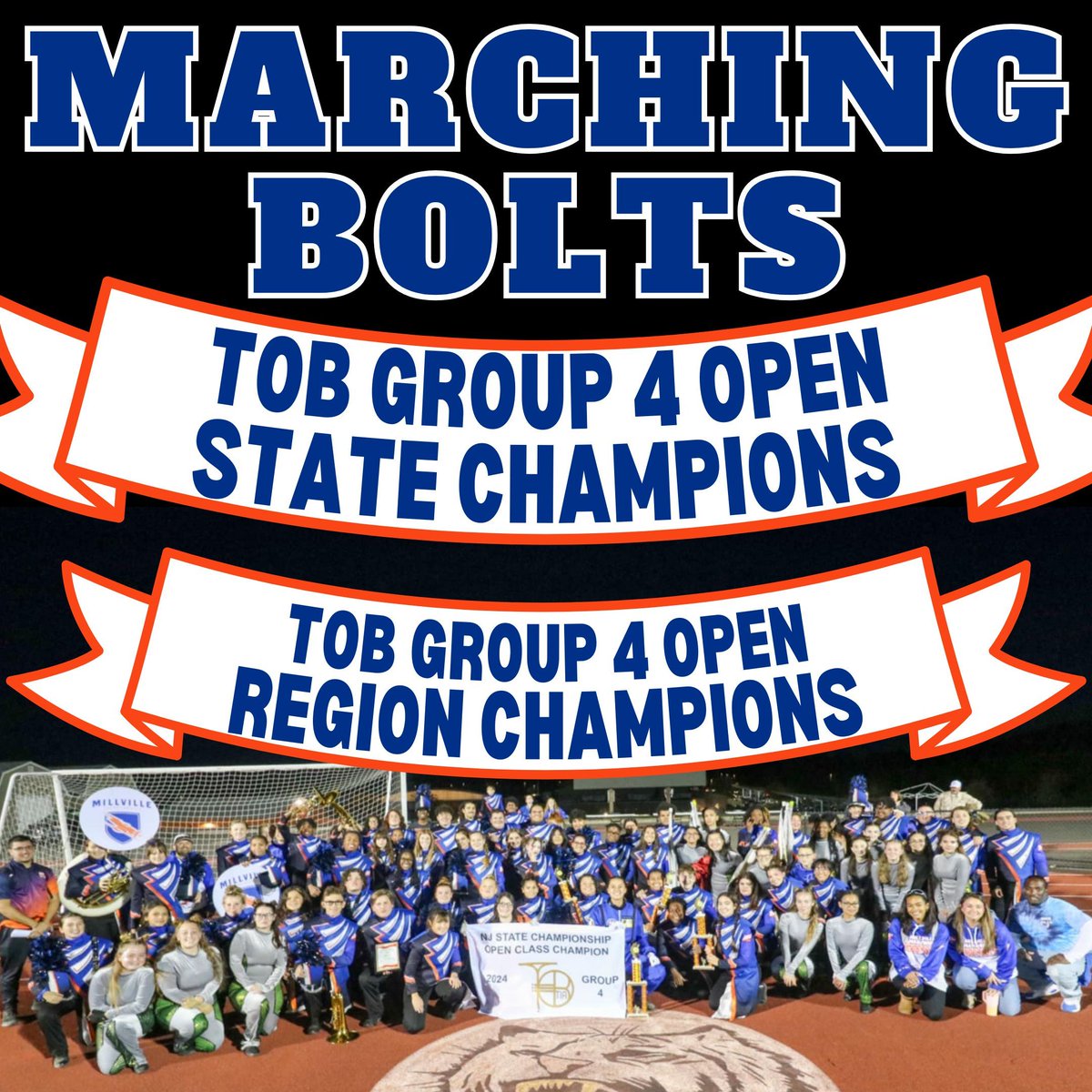 🎉 Congrats to the MHS Marching Bolts! The band recently traveled to the Tournament of Bands State Championships where they scored 90.8 and were crowned Group 4 Open State Champions! ⚡🏆 Wish them luck as they head to the NJMBDA State Championships at TCNJ on November 3rd! 👍⚡
