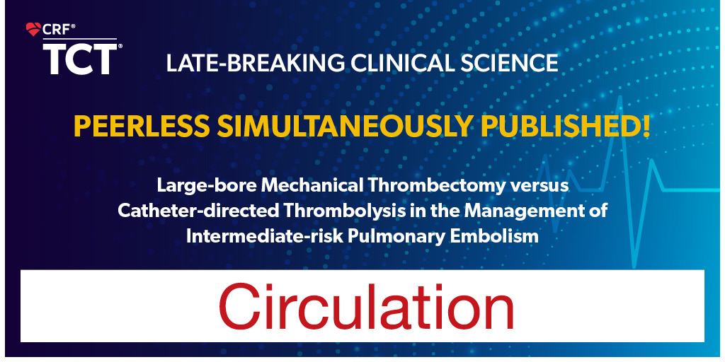 #PEERLESS reveals benefits of large-bore mechanical thrombectomy over catheter-directed thrombolysis for intermediate-risk PE. 🚀 Results presented at #TCT2024 and published in <a href="/CircAHA/">Circulation</a>.

ahajournals.org/doi/10.1161/CI…

#CardioX #CardioTwitter #CardioEd #CardioResearch <a href="/BurkhoffMd/">Dan Burkhoff MD PhD</a>
