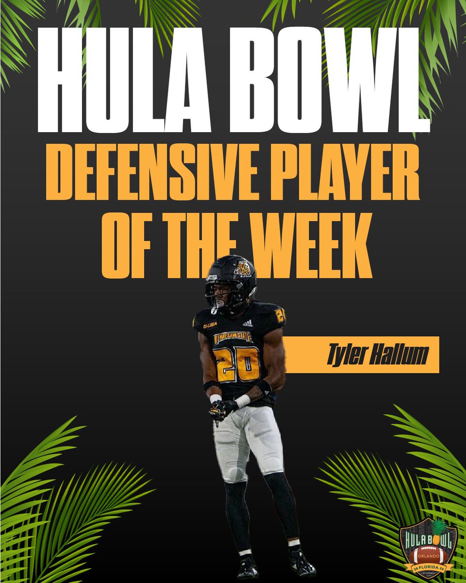 Hula_Bowl's tweet photo. Shoutout to Tyler Hallum, our Defensive Player of the Week! 💥 With 6 tackles and a game-sealing interception, Tyler led Kennesaw State to a historic first FBS win over Liberty! 🏆 @TylerHallum1 @kennesawstfb #HulaBowl #GoOwls #DefensivePlayerOfTheWeek https://t.co/u1riEBFRte