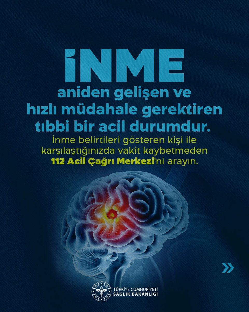 saglikbakanligi's tweet photo. İnme, aniden gelişen ve hızlı müdahale gerektiren tıbbi bir acil durumdur. İnme belirtileri gösteren kişi ile karşılaştığınızda vakit kaybetmeden 112 Acil Çağrı Merkezi'ni arayın.

#DünyaİnmeGünü https://t.co/1UnIdeF8ew