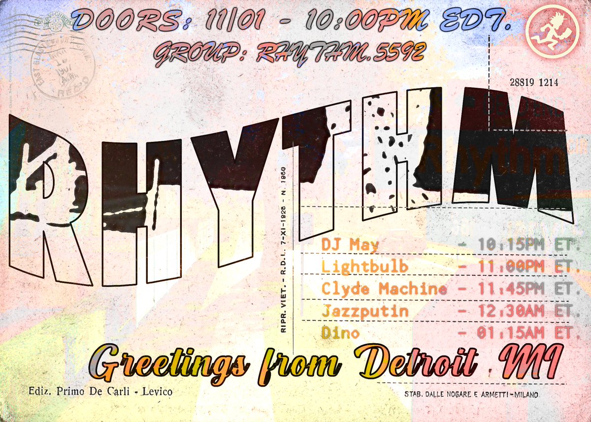 DinocrackersRL's tweet photo. rhythm 3rd annual halloween
doors 10pm et. 11-1
in order of apparition

-DJ May
 
@lightbulb_4
 
@ClydeMachine
 
@Jazzputin
 
@DinocrackersRL
 
https://t.co/81LDRVe1eJ

Postcard creds: @_DigitalV @lightbulb_4 https://t.co/JjvHpB95rd