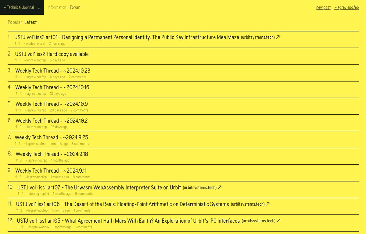 We are pleased to announce the publication of the forum software by <a href="/polwex/">~polwex</a> underlying the USTJ Forum.

github.com/urbit/forum

While it is currently branded for <a href="/UrbitSTJ/">Urbit Systems Technical Journal</a> out of the box (and thus we are not yet distributing it live over the network), it can be straightforwardly