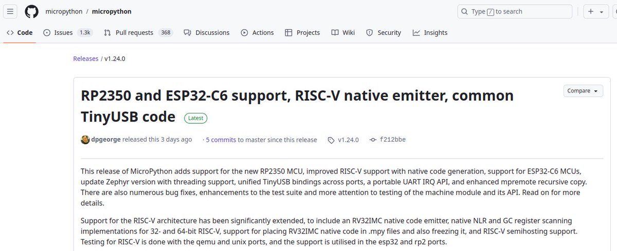 MicroPython v1.24 is here!
This release has RP2350 and ESP32-C6 support, a RISC-V native emitter and common TinyUSB code