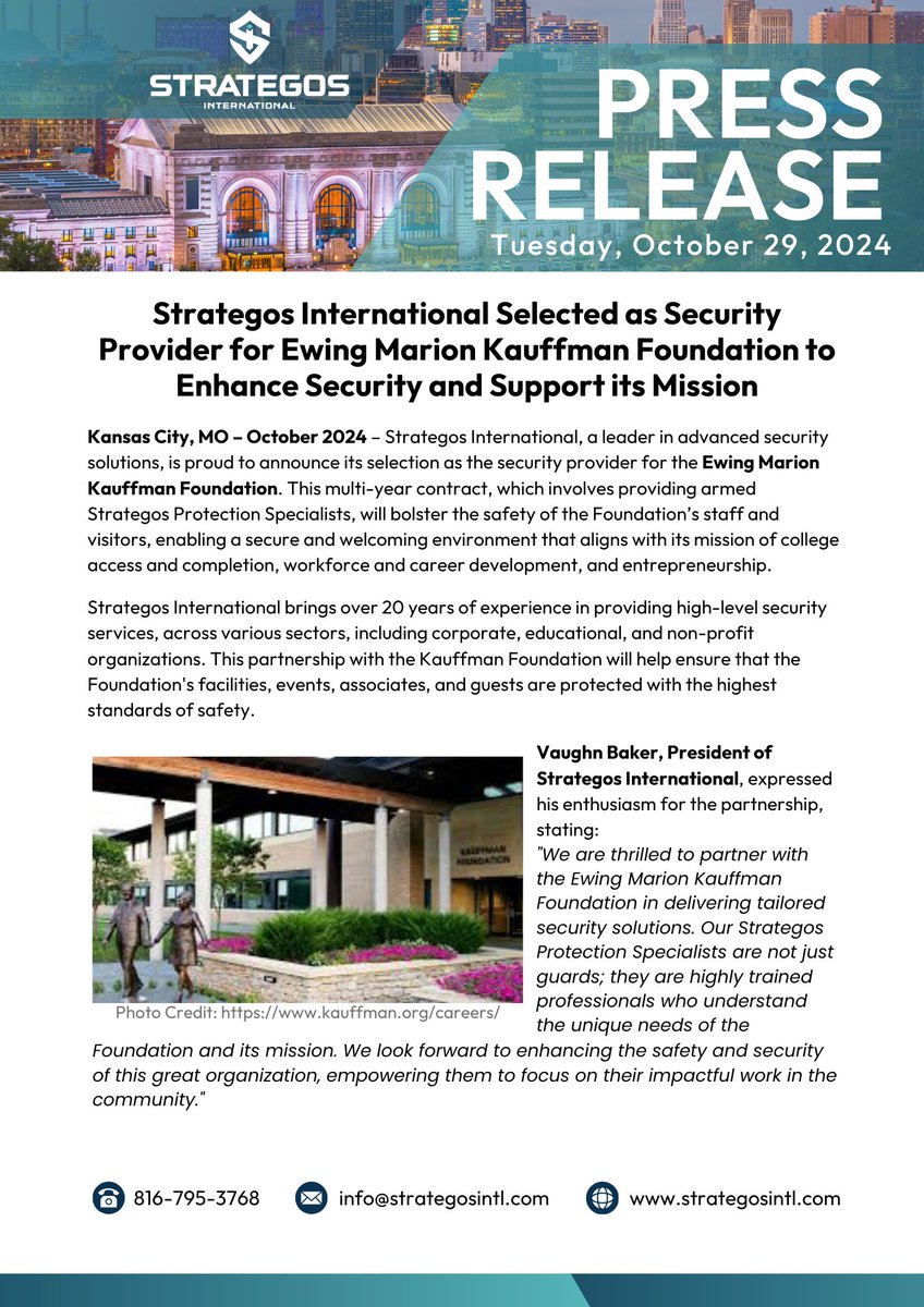 TeamStrategos's tweet photo. We’re honored to announce our partnership with the @KauffmanFDN!

Our Strategos Protection Specialists will provide high quality protection services, so they can focus on their impactful work. 🌟💼

#KauffmanFDN #StrategosIntl #CommunityFirst #SPS #ProtectYourPeople #KansasCity https://t.co/lNW0rKheEH