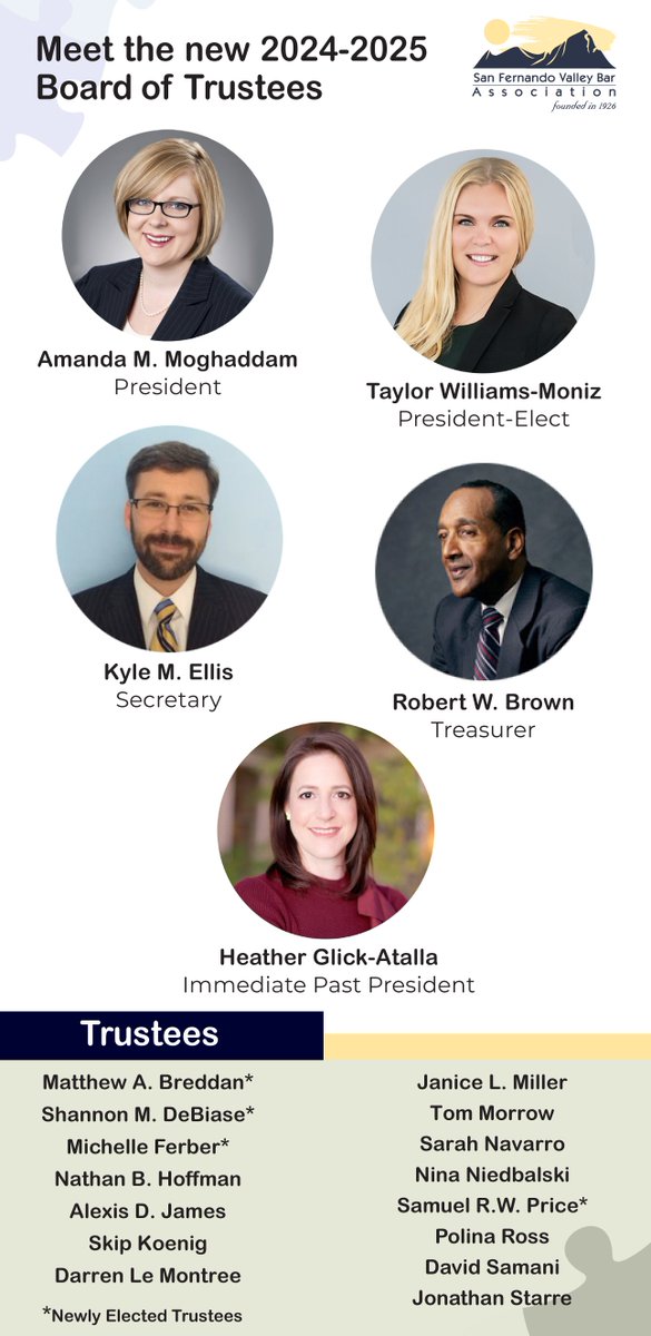 sfvba's tweet photo. Meet the new 2024-2025 San Fernando Valley Bar Association Board of Trustees. Many great things coming this year for SFVBA members, the profession, and the community. Get involved by joining the SFVBA, joining a section, or joining a committee: https://t.co/GTxo2pb9CZ.

Amanda Moghaddam, President.
Taylor F. Williams-Moniz, President-Elect.
Kyle M. Ellis, Secretary.
Robert W. Brown, Treasurer.
Heather Glick-Atalla, Immediate Past-President.

Thank you and welcome to our new and sustaining trustees.