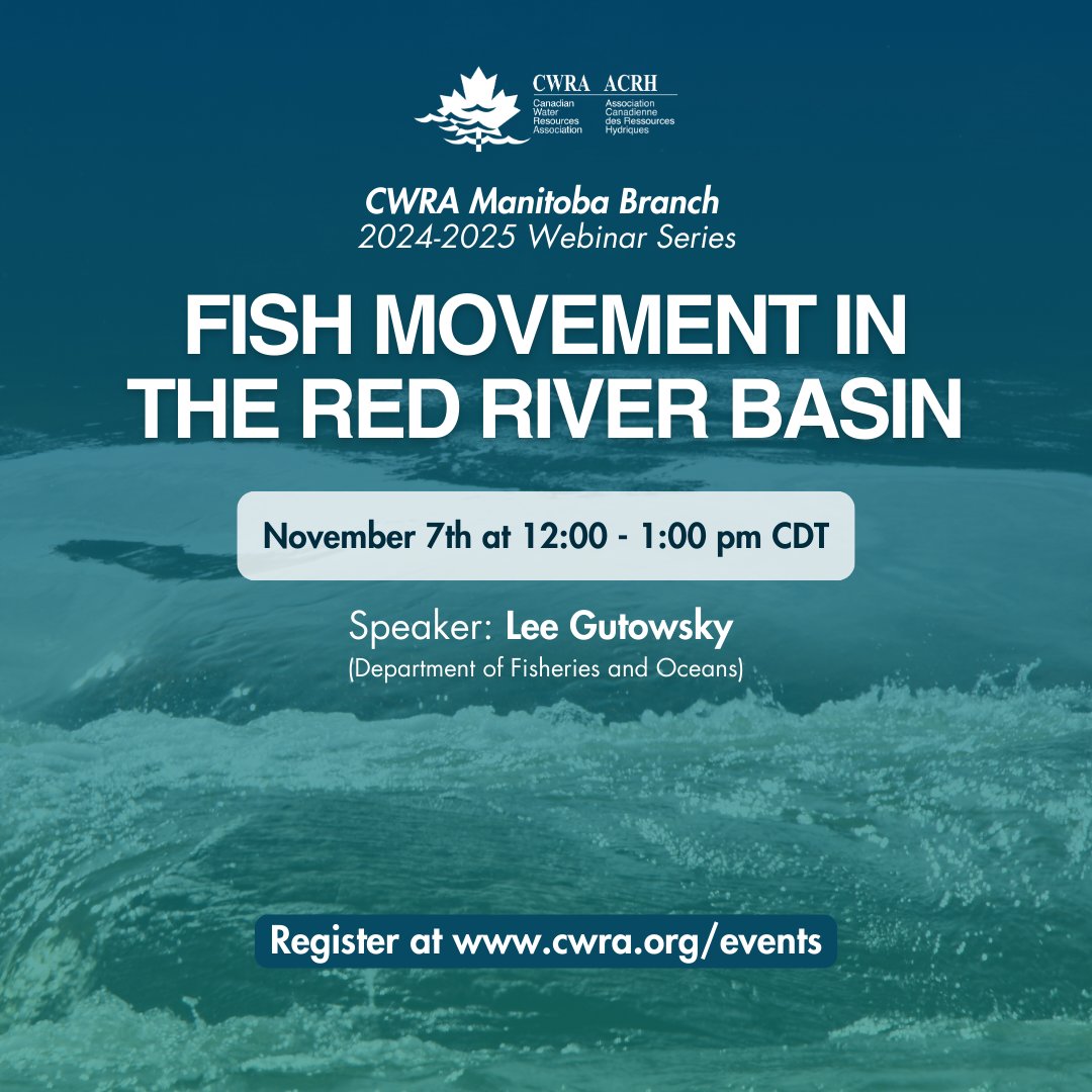🎣 Join the #Manitoba Branch on Nov 7th to hear from Lee Gutowsky (<a href="/FishOceansCAN/">Fisheries and Oceans</a>) on ongoing efforts to restore &amp; conserve aquatic ecosystems across Canada and the U.S.

Register today: cwra.org/events/

#CWRA #Webinar #LakeWinnipeg #LakeSturgeon #Conservation