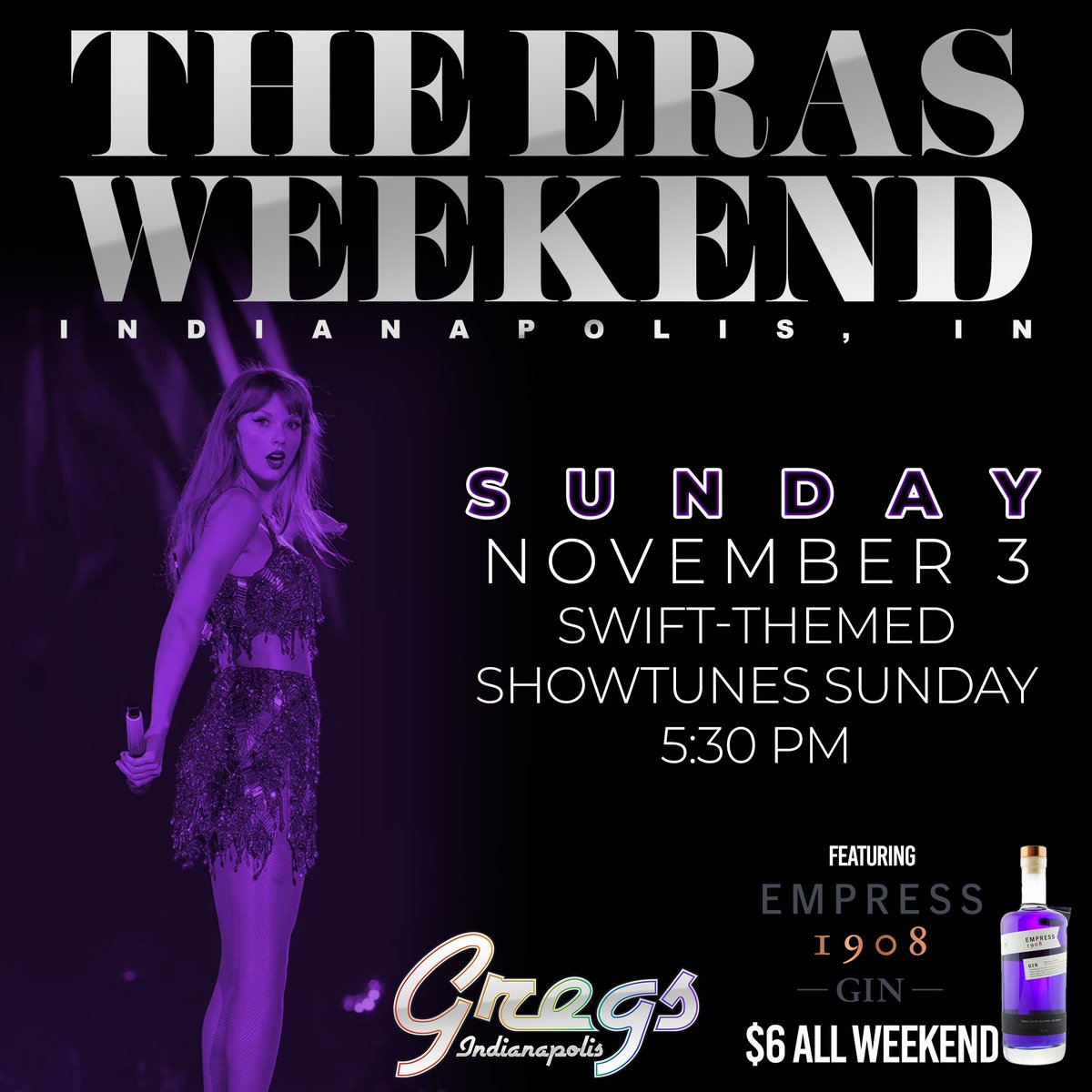 Join us starting Friday, for 3 nights have Swift-themed fun. Wear your best "Eras" look and enjoy $6 Empress Gin cocktails, all weekend.