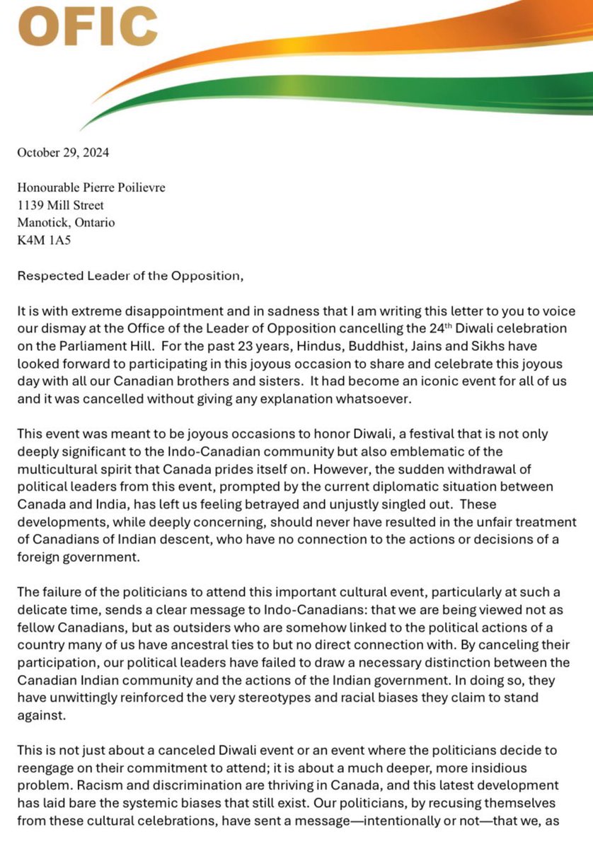 DanielBordmanOG's tweet photo. Absolutely disgraceful behaviour from @PierrePoilievre and the @CPC_HQ cancelling Diwali celebrations this year because they are afraid that the Liberals and the media will accuse them of foreign interference. Shameful and cowardly behaviour which really throws into question the notion that Poilievre has the backbone to be a successful leader.
