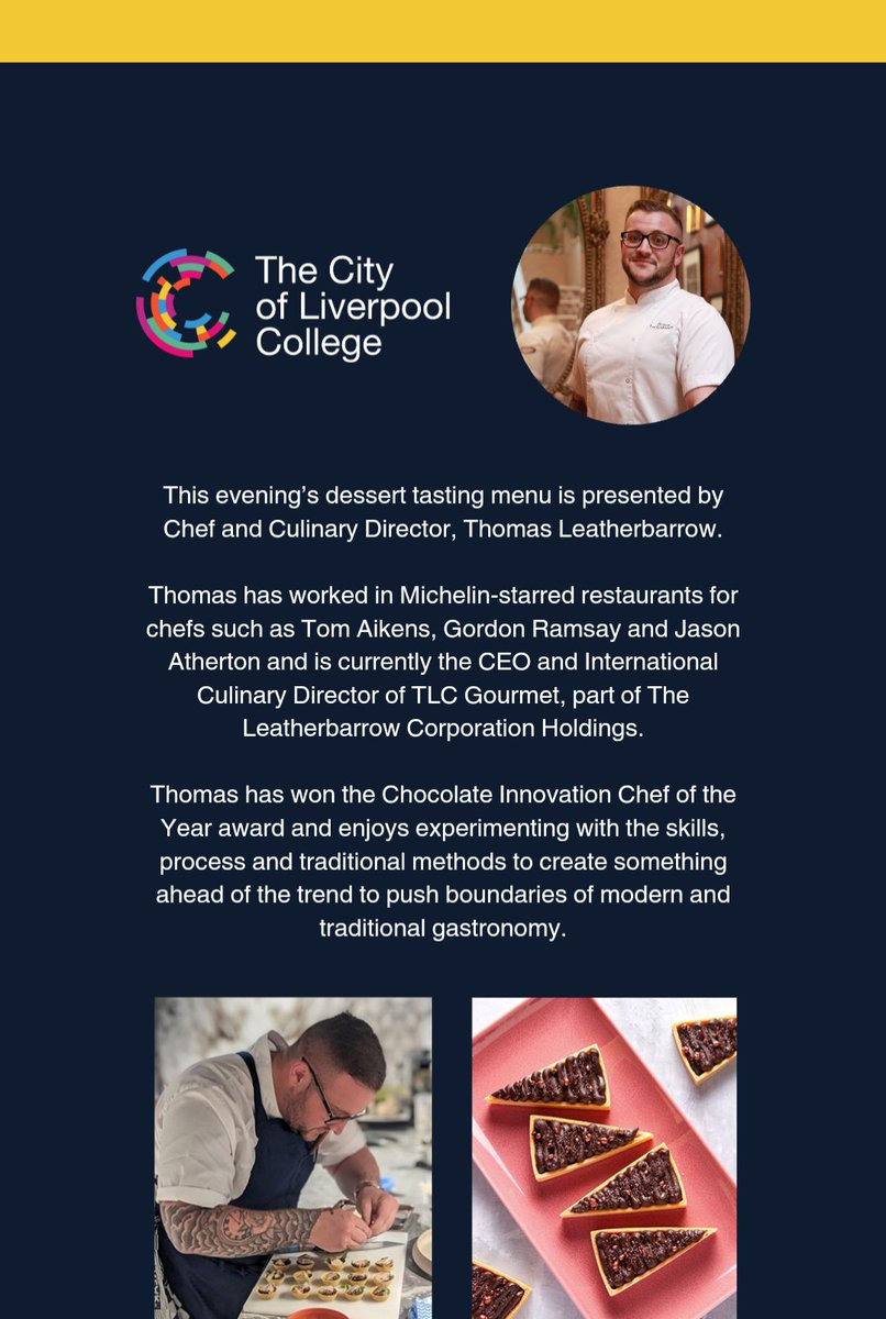 LivCollAcademy's tweet photo. Dessert lovers save the date!! 

Thursday 14th Nov we welcome chef Thomas Leatherbarrow to the Academy Restaurant, we will be serving a tasting menu of delicious delights 🍰😍- book via the link in our bio!! https://t.co/BGdzYCl6Ap