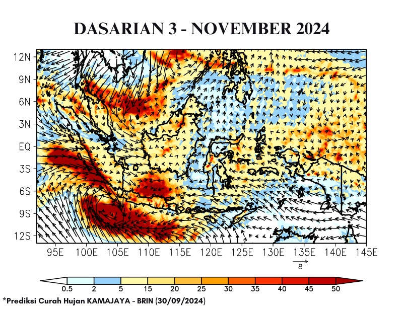 Meskipun demikian, pertumbuhan badai vorteks yang dapat terjadi mulai dasarian kedua November 2024 dapat meningkatkan hujan deras yang bersifat sporadis di barat Indonesia.