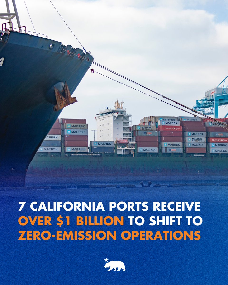 CAgovernor's tweet photo. Thanks to the Biden-Harris Administration, seven California ports are receiving over $1 billion to accelerate our shift to zero-emission operations.

Cleaner California ports mean cleaner air for communities up and down the state 🙌

🔗 Read more: https://t.co/zjyA0LE3nL https://t.co/jr8tpZRHFp