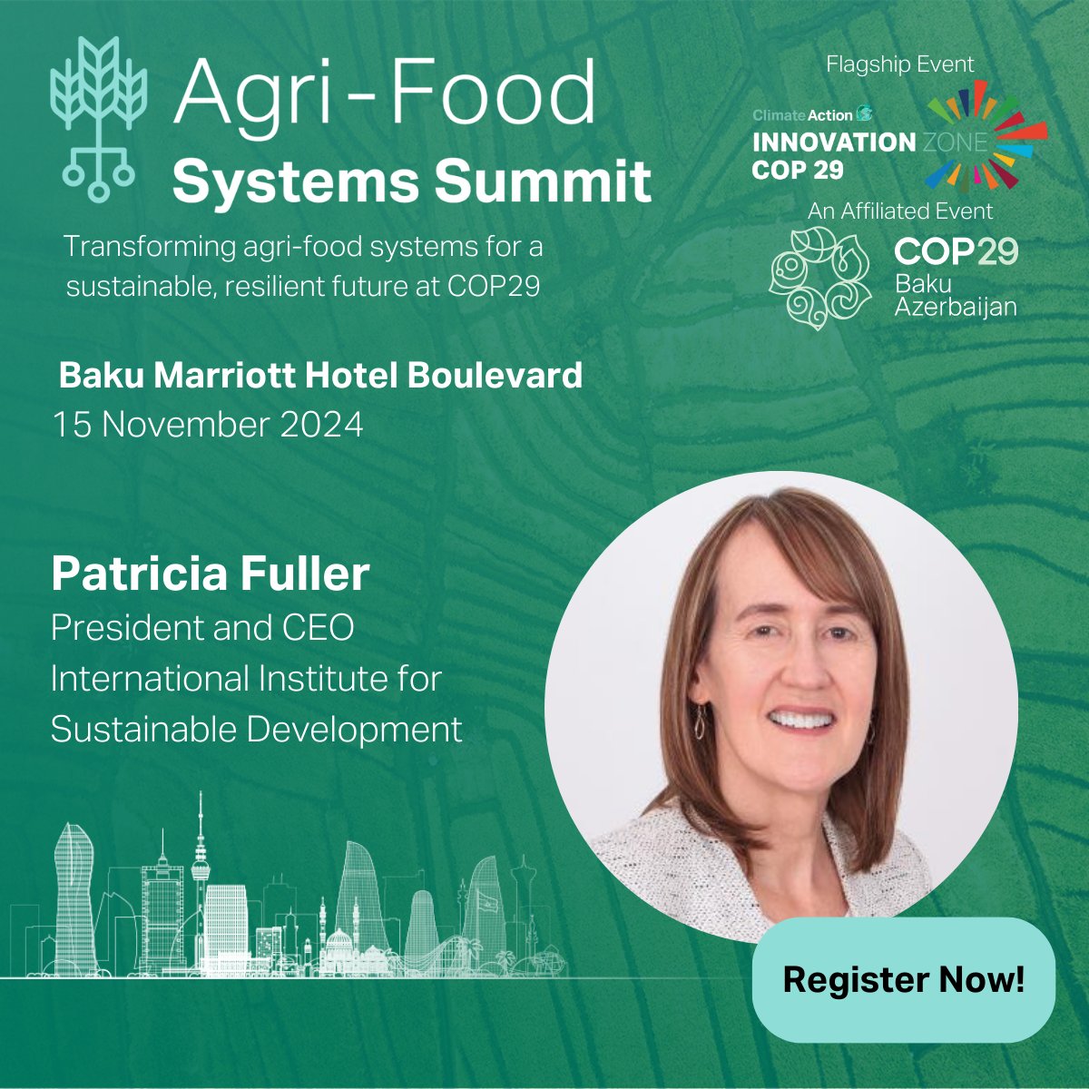 IISD_news's tweet photo. Join our CEO @FullerPatriciaM at the Agri-Food Systems Summit 2024 hosted by @Climate_Action_, taking place at #COP29 in Baku. 

Register today: https://t.co/CDGOWmzUIF #AFSS https://t.co/2yHTssdA1y