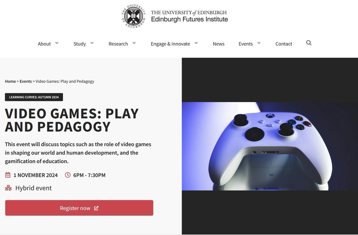 Amazing sounding talk coming up at the <a href="/UoE_EFI/">Edinburgh Futures Institute</a> this Friday 'Video Games: Play and Pedagogy'
efi.ed.ac.uk/event/video-ga… for more info, free tickets, inperson or online and fantastic lineup #Edinburgh #Games #History