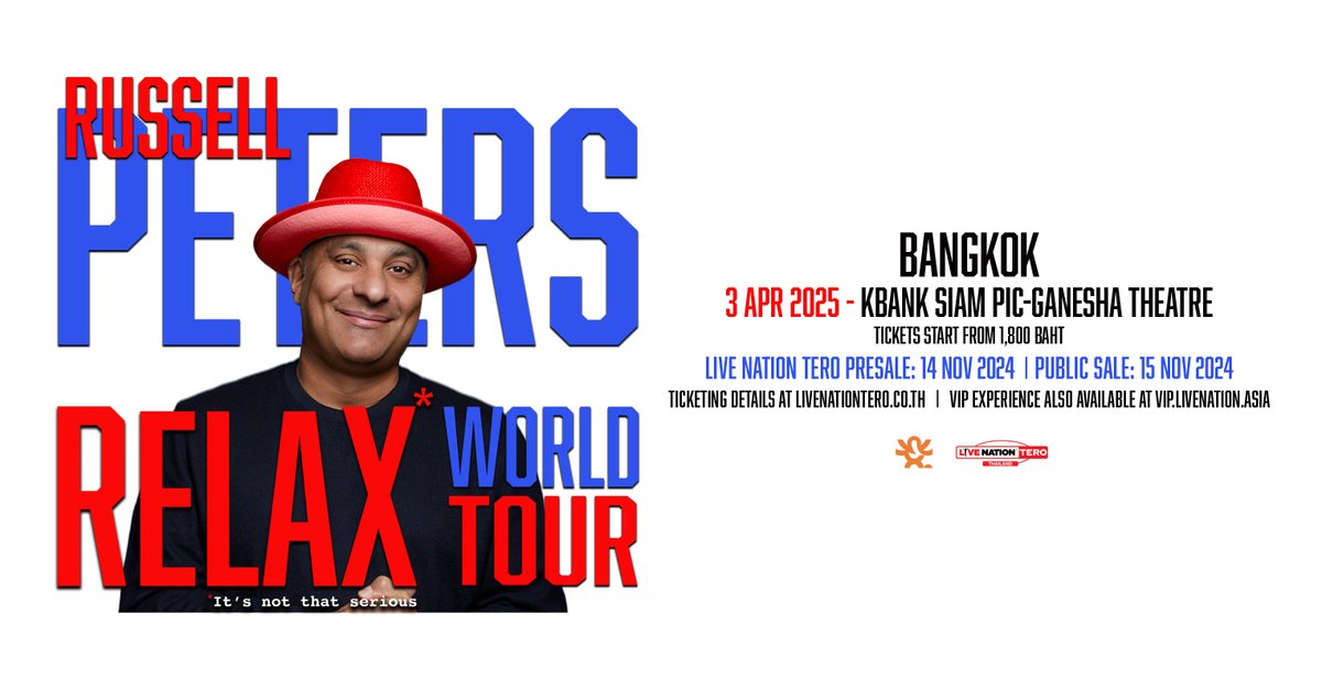 _24News_'s tweet image. เตรียมขำก๊ากกันอีกครั้ง กับซุปตาร์ตลก ‘Russell  Peters’ ที่กลับมาพร้อมโชว์ใหม่ Russell Peters: RELAX* World Tour  ขำแบบสบายๆ 3 เม.ย. 68 ที่โรงละครเคแบงก์ สยามพิฆเนศ
twentyfour-news.com/russell-peters/
#RussellPeters #RELAXWorldTour #RELAXTourBKK #RussellPetersBKK2025