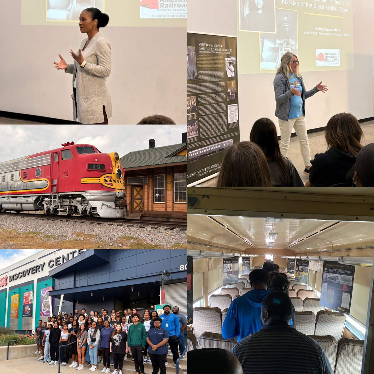 FISDsocstudies's tweet photo. It was Field Study Trip Day for the African American Studies students from @FHSRaccoons @LSHSRangers @Cen10titans @LHSRedhawks @PCHSFrisco Gathering evidence and getting their questions answered at the @HistoricTrains Museum in Frisco. #inquirylearning https://t.co/QD0Gi8apDJ
