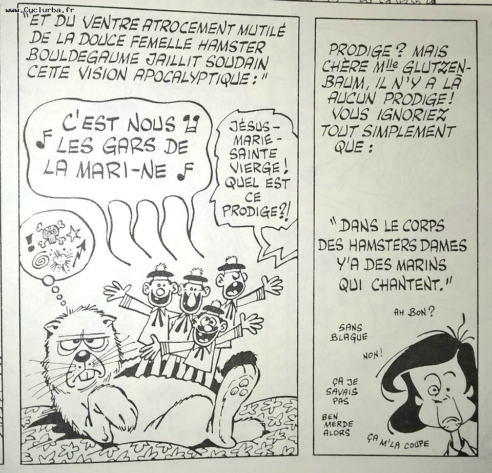 #31ChallengeBDMC #Jour30
La plus beau jeu de mot ou calembour.
Gotlib, digne héritier de Goscinny, a tué le game avec ce "Dans le corps des hamsters dames y'a des marins qui chantent"!
Le ratio débilité géniale de la vanne-drôlerie du dessin est indépassable! 😂💖