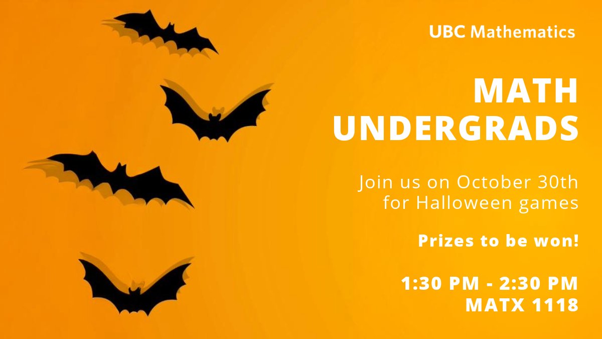 Math undergrads - celebrate Halloween with us tomorrow at 1:30 PM in MATX 1118. 

Stop by, play games, and win prizes! 🎃💀👻🪦🧙‍♀️