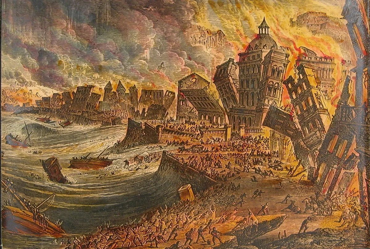 viagempassado's tweet photo. 2. TERREMOTO DE LISBOA – 1755

Em 1º de novembro de 1755, Lisboa foi destruída por um terremoto seguido de tsunami e incêndios. Estima-se que 50.000 pessoas morreram, e o evento abalou as ideias religiosas da época, levando ao nascimento de novas teorias científicas sobre desastres. O evento influenciou diretamente o movimento iluminista, inspirando pensadores como Voltaire a refletirem sobre religião e a necessidade de conhecimento científico para explicar fenômenos naturais.