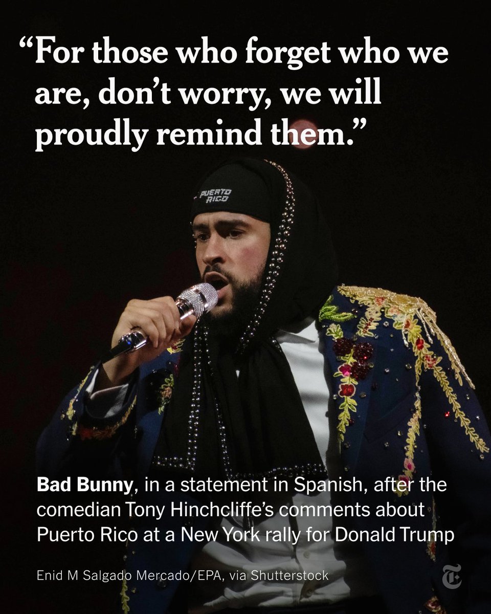 Bad Bunny, the Puerto Rican rapper, singer and international pop phenomenon, stepped up his condemnation of disparaging remarks about Puerto Rico that were made at a rally for Donald Trump at Madison Square Garden with a new Instagram post on Tuesday. nyti.ms/3UR3qaP
