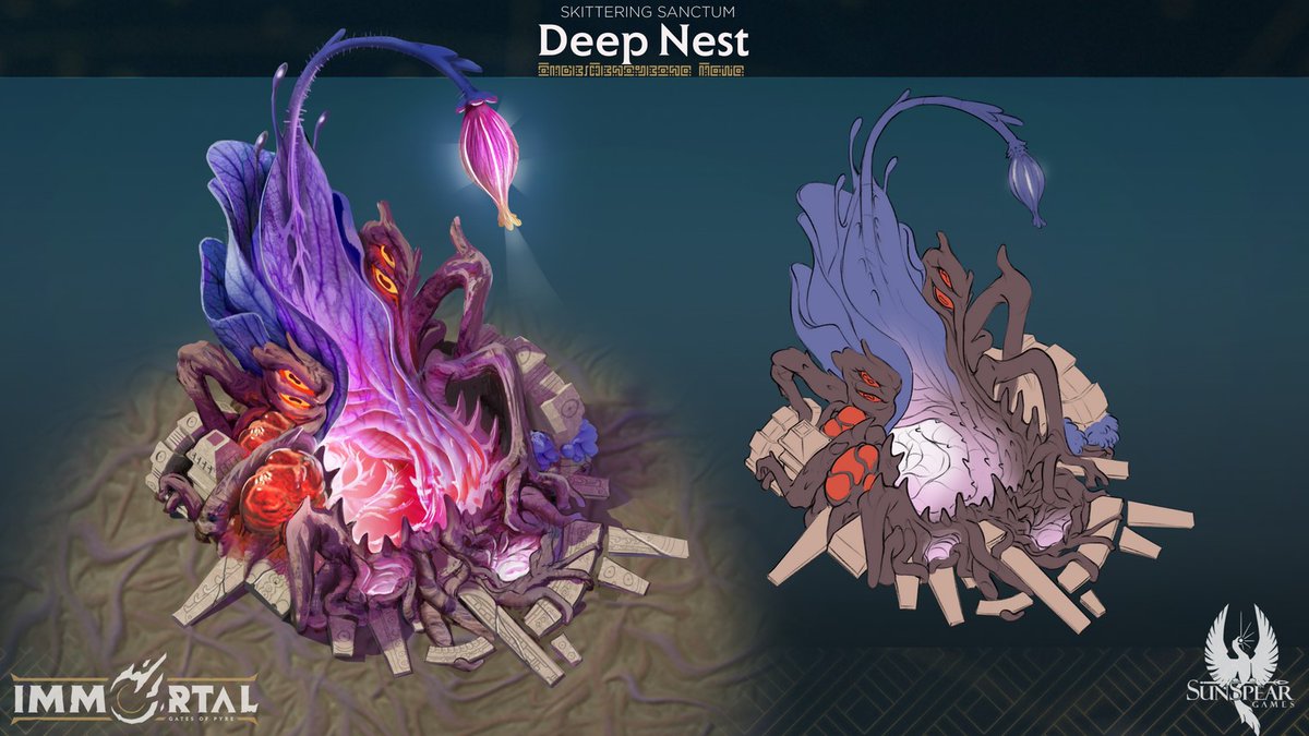 The appearance of a Deep Nest signals the God Tree Laculathon's direct interest in a region. The only thing greater than their rarity is their significance to the Aru.  

Here's an awesome image describing the artistic process from sketch and flat colors (right) to the finished