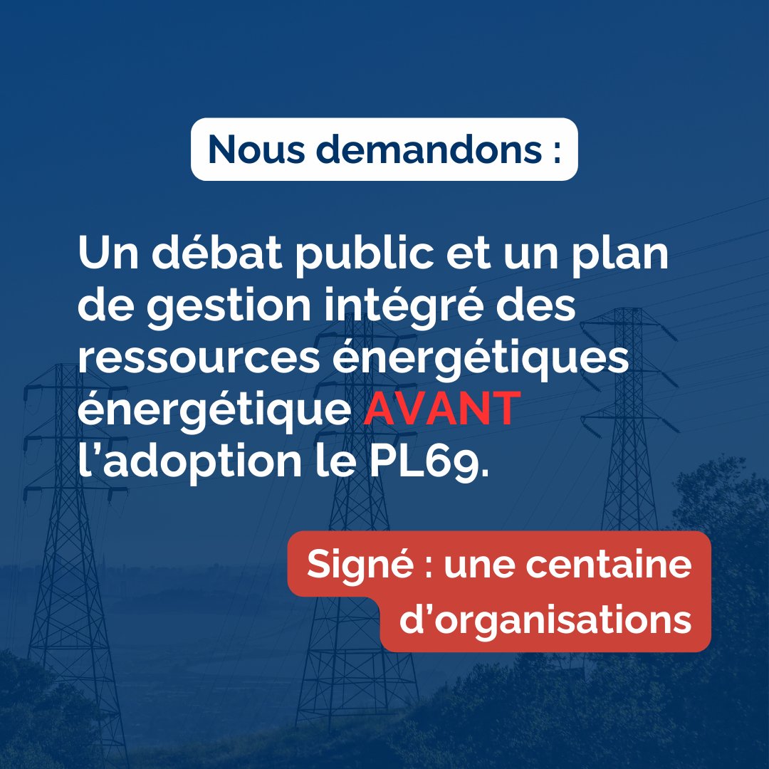 POUR LE REPORT DU PL-69
« Tout le monde demande des états généraux sur l’énergie : les éditorialistes, les experts, la société civile. Parlons des choix que nous avons à faire, c’est vraiment la première étape! » Mélanie Busby, campagne énergie FCTÉ. pourlatransitionenergetique.org/pl-69-le-pl-69…