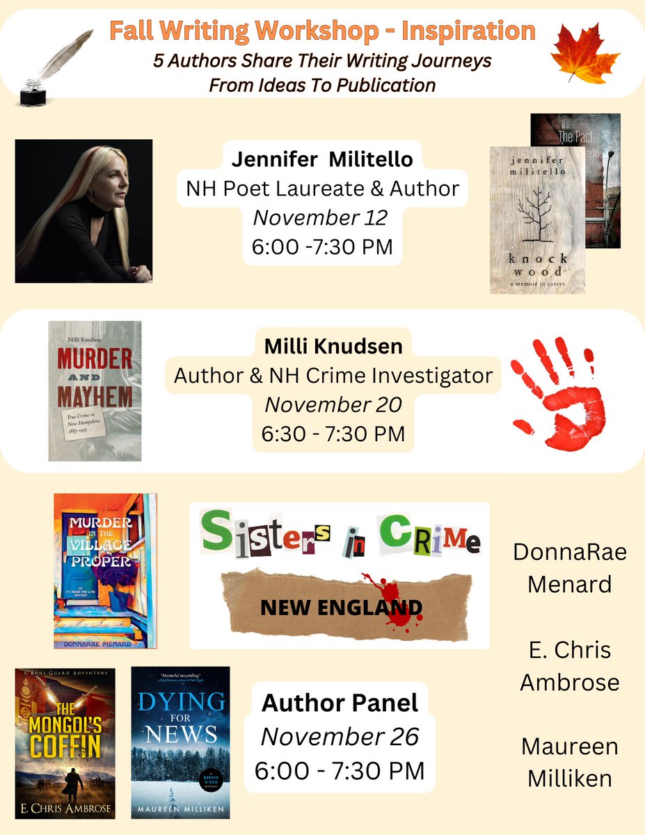 Meredith Library (@meredithlibrary) on Twitter photo The #MeredithPublicLibrary will host an evening Tue 11/12 at 6 PM with NH Poet Laureate Jennifer Militello. She'll be providing inspiration to writers of all types & genres as she shares her journey from inspiration to publication.
#Poetry #MeredithNH #Library <a href="/JenifrMilitello/">Jennifer Militello</a> The #MeredithPublicLibrary will host an evening Tue 11/12 at 6 PM with NH Poet Laureate Jennifer Militello. She'll be providing inspiration to writers of all types & genres as she shares her journey from inspiration to publication.
#Poetry #MeredithNH #Library <a href="/JenifrMilitello/">Jennifer Militello</a>
