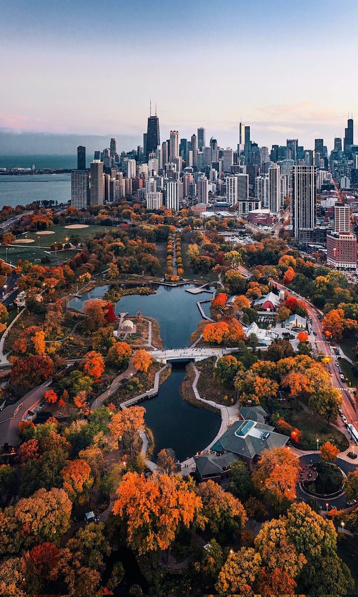 Amfurknee's tweet photo. Aerial views of Chicago looking South towards the city above Lincoln Park zoo/ East Lakeview area. #Chicago #fall #leaves #foliage https://t.co/SgKtk2hUDF