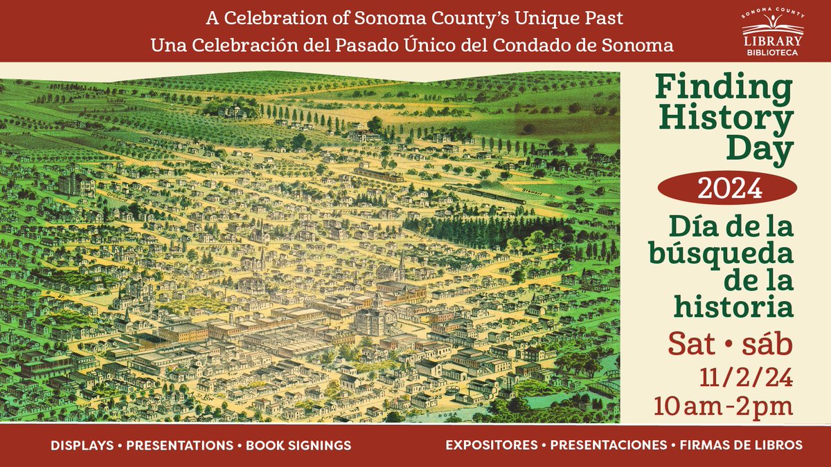 Library95472's tweet photo. History buffs "Finding History Day" is Sat. Nov 2, 2024 at the Veterans Memorial Building in Santa Rosa. Check out 30 local cultural and historical organizations, and explore our shared heritage. Co-sponsored by the 
#SonomaCountyLibrary! https://t.co/3e2KzPAy9M