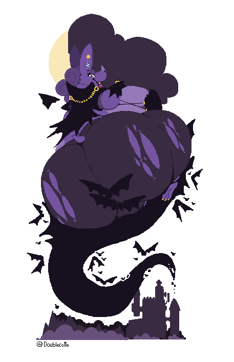 Doublecatte's tweet photo. a festive halloween illustration for @PhealGudCreates ' halloween Gorgeworld book! you should click through and check it out on their ko-fi storefront..

Behold, the deadly (and huge) Flabpire.. she could do anything spooky... https://t.co/rH6wY22rNN