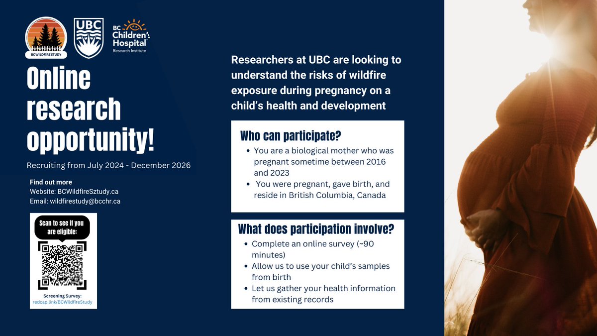 BC Children's Hospital Research Institute (@bcchresearch) on Twitter photo Researchers at <a href="/UBC/">University of British Columbia</a> and @bcchresearch are studying the impact of wildfire disasters on BC pregnant women & their babies. If you were pregnant sometime between the 2016–2023 wildfire seasons you & your child may qualify for this online research study! More: bcchr.info/4hj0Ofs Researchers at <a href="/UBC/">University of British Columbia</a> and @bcchresearch are studying the impact of wildfire disasters on BC pregnant women & their babies. If you were pregnant sometime between the 2016–2023 wildfire seasons you & your child may qualify for this online research study! More: bcchr.info/4hj0Ofs
