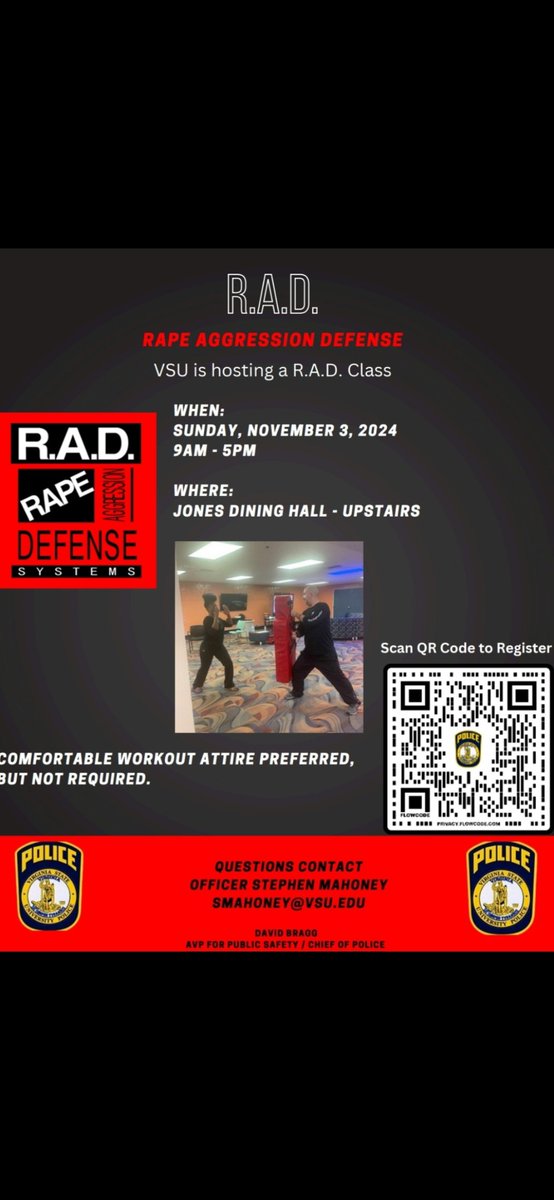 RAD Training:
New Date: November 3rd
Use the QR code below to register. We hope to see you there!!!
#vsupd
#VSUPolice
#selfdefense