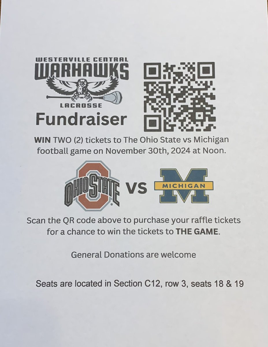 Warhawk Men's Lacrosse football ticket fundraiser. 

A pair of tickets to the big game!! Not into the game, general donations are welcome, click on the link below or in the bio!! 

Thank you to all those that have bought or donated we appreciate it!!! 

🖤🤍🥍🏈
