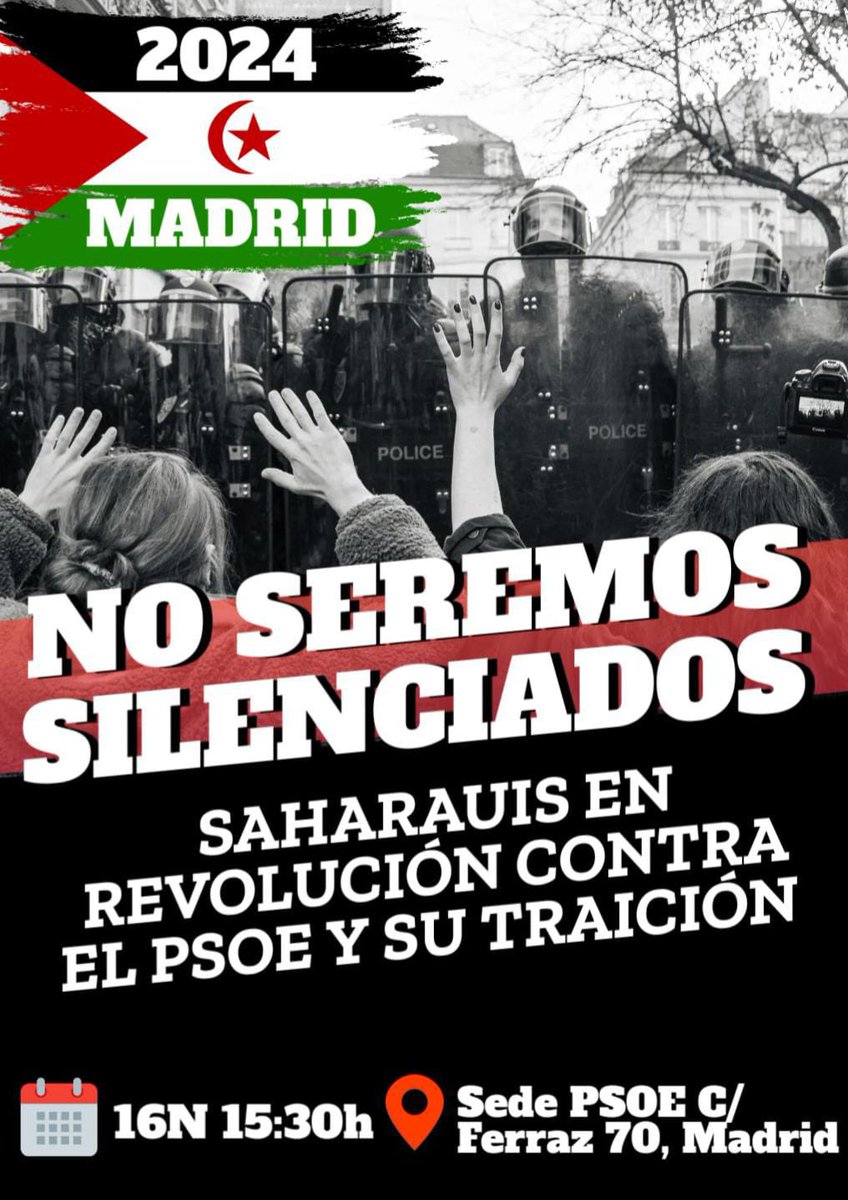 📢 TODOS A FERRAZ: JUSTICIA PARA EL SAHARA OCCIDENTAL 🇪🇭

Ven este 16 de noviembre a las 15:30 a la sede del PSOE en Ferraz, Madrid. ¡Hagamos que el gobierno español escuche nuestra denuncia contra su traición!

¡ÚNETE A LA MANIFESTACIÓN!