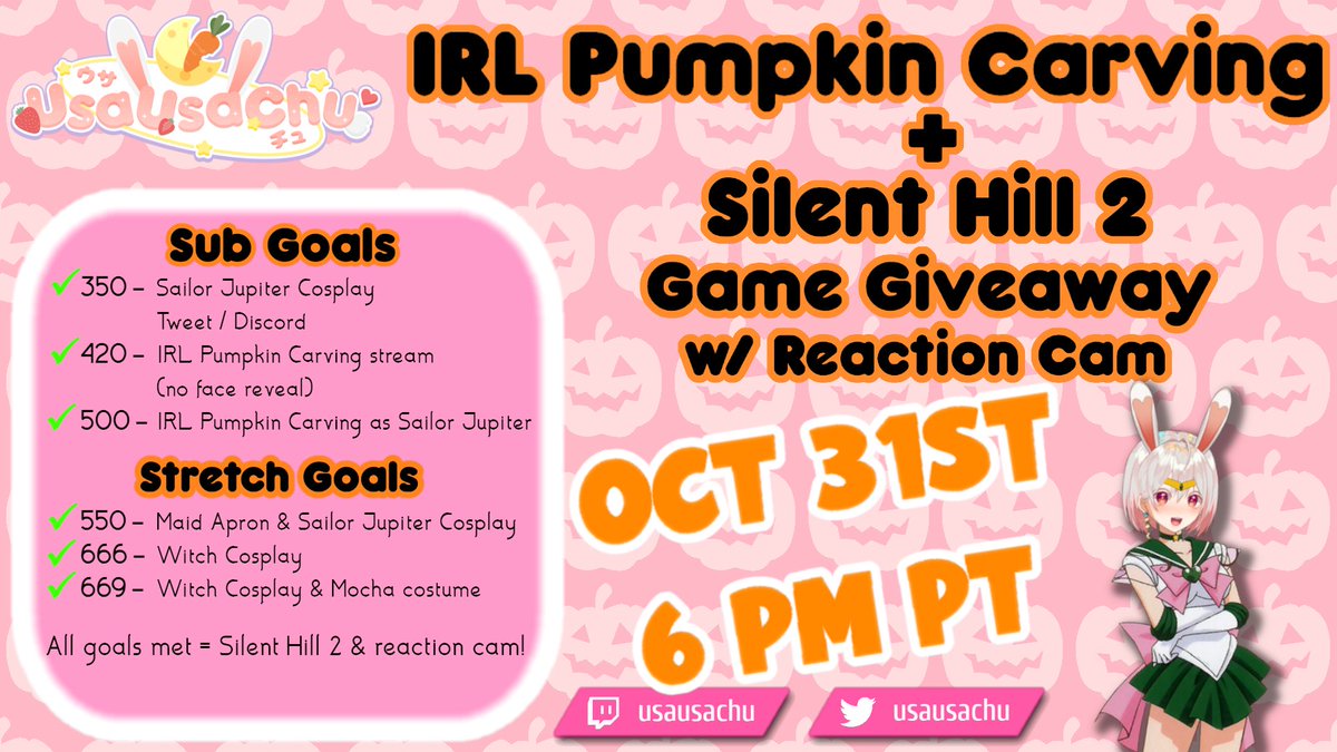 UsaUsaChu's tweet photo. VTuber’s FIRST EVER IRL STREAM + GIVEAWAY (RT for entry)
If you’d like a chance to break the immersion stop by on Halloween (10/31) at 6PM PT! I’ll be cosplaying as Sailor Jupiter, carving pumpkins and GIVING AWAY TWO COPIES OF SILENT HILL 2!
#Giveaway #SILENTHILL2 #facereveal? https://t.co/KVq7kWnJAG