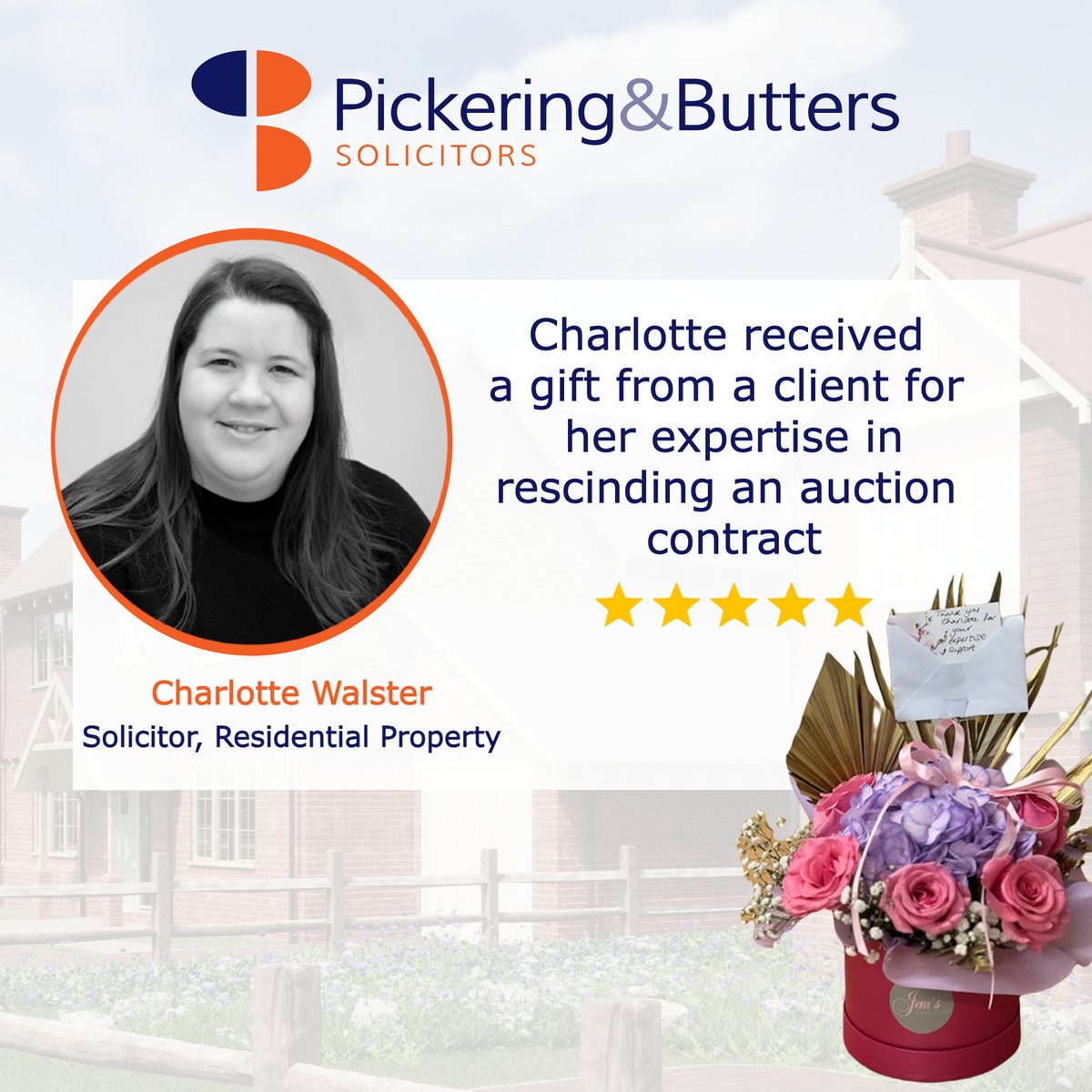 From our residential property department, Charlotte Walster has received a gift from a client for her expertise in rescinding an auction contract, well done Charlotte. 

If you require tailored legal advice in relation to a conveyancing matter, please contact our Rugeley office.