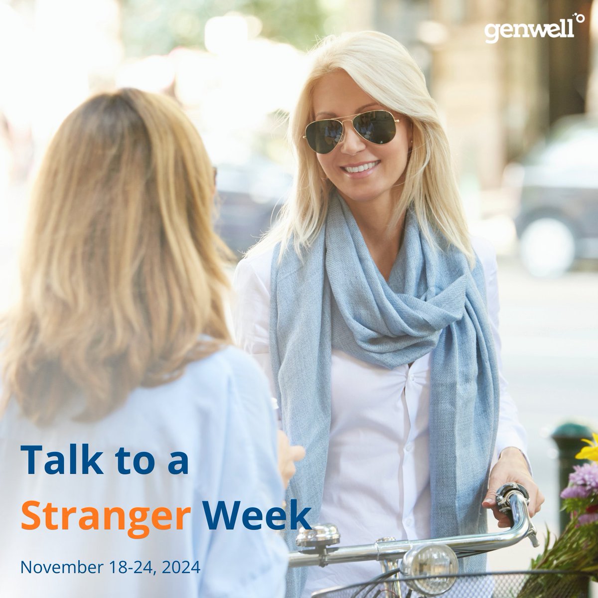 GenWellProject's tweet photo. It’s #TalkToAStranger week From November 18th-24th! 

We encourage everyone to take a moment to reconnect with the world around us by embracing the power of simple interactions. 

Say hi, share a smile or even open a door for a stranger!

#GenWell #TTSW #HumanConnection https://t.co/462UbnLaTp